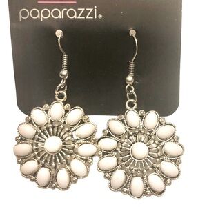 White Mediterranean Flower Silver Tone Dangle Earrings Prom